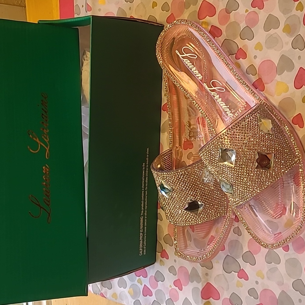 NWB Lauren Lorraine Bianca Pink Rhinestone Crystal Slide Sandals Size 8.5